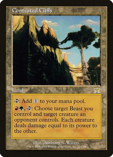 The "Contested Cliffs [Onslaught]" card from the Magic: The Gathering brand is a rare land-type card that showcases a mountainous landscape with a narrow path winding between cliffs. Its abilities include adding one mana and allowing creatures controlled by you and an opponent to deal damage to each other.