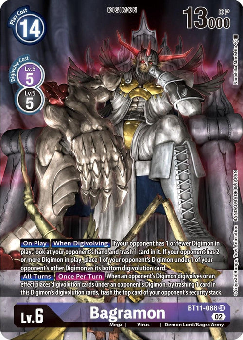 A Digimon trading card featuring an alternate art of Bagramon from the Dimensional Phase series. This Level 6 Mega Virus Digimon, part of the Demon Lord/Bagra Army type, has a cost of 14 and boasts 13000 DP. The Super Rare card (BT11-088 SR) includes powerful abilities such as "On Play," "When Digivolving," and "All Turns - Once Per Turn." The background vividly depicts a fierce, armored presence.