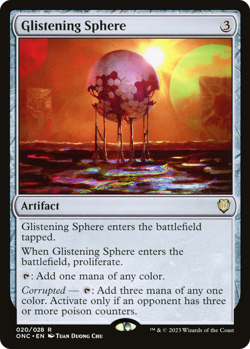 A Magic: The Gathering card titled "Glistening Sphere" from the Phyrexia: All Will Be One Commander set. It depicts a floating, spherical artifact with tendrils extending into a reflective, colorful landscape. The card has a mana cost of 3 and provides colorless mana abilities along with additional effects if the opponent has poison counters.