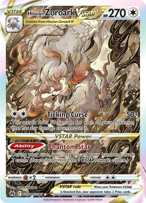 A Pokémon card from Sword & Shield: Crown Zenith featuring Hisuian Zoroark VSTAR (GG56/GG70). The Ultra Rare card has an HP of 270 and showcases an illustrated, ghostly fox-like Pokémon with flowing white and red fur. Its moves include "Ticking Curse" and the VSTAR Power, "Phantom Star." The intricate design includes a gold star illustration.