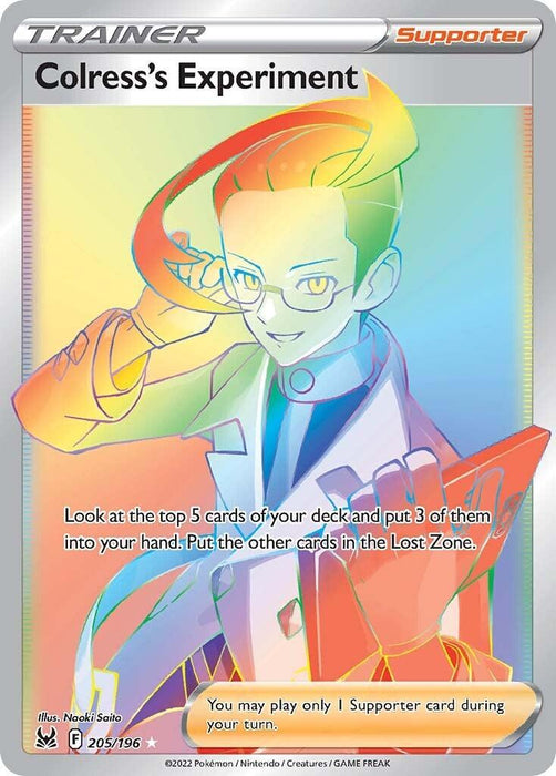A Colress's Experiment (205/196) [Sword & Shield: Lost Origin] from the Pokémon Trading Card Game, part of the Lost Origin series. The illustration features a male character with glasses, wearing a blue and white suit, and holding a red device. Text reads: "Look at the top 5 cards of your deck and put 3 into your hand. Put the others in the Lost Zone." As a Secret Rare from Sword &