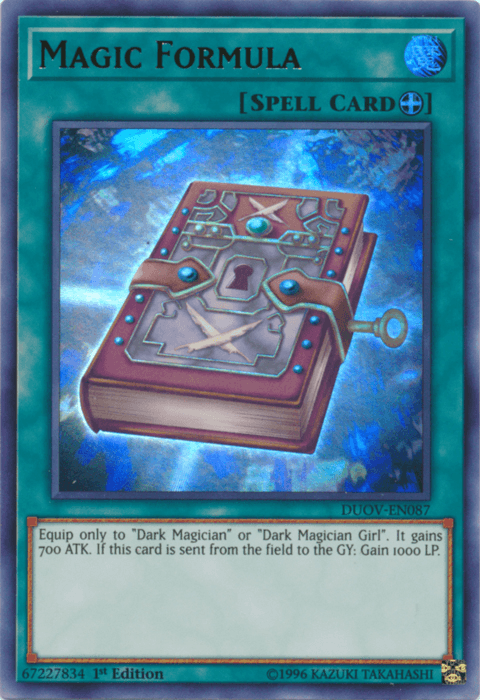 Image of a "Magic Formula [DUOV-EN087] Ultra Rare" Equip Spell Card from the Yu-Gi-Oh! Trading Card Game. The card features a magical book adorned with a key, lock, and mystical symbols, with a blue and green glowing aura. It boosts "Dark Magician" or "Dark Magician Girl" by 700 ATK and grants 1000 LP if sent to the GY.
