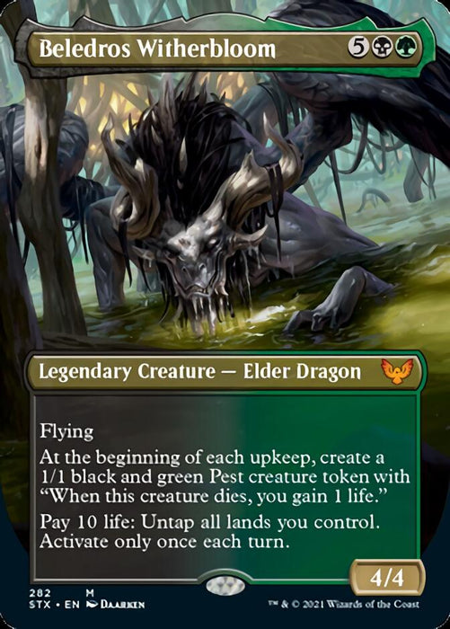 The image shows a Magic: The Gathering card named "Beledros Witherbloom (Borderless Alternate Art) [Strixhaven: School of Mages]," a Mythic Legendary Creature - Elder Dragon with 4/4 power and toughness. The card art depicts a decayed, dragon-like creature with skeletal features in a swamp, resonating with Strixhaven's green and black color scheme.