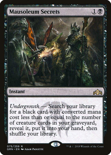 A Magic: The Gathering card named "Mausoleum Secrets [Guilds of Ravnica]." This instant card with a black mana symbol hails from the Guilds of Ravnica set. The illustration shows a dark, eerie figure and a ghostly light in a mausoleum. Its ability text includes "Undergrowth" and describes searching your library for a black card.