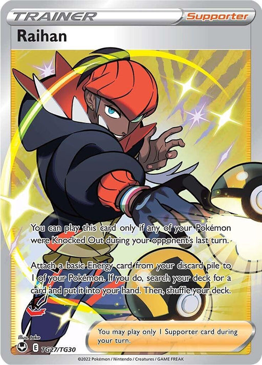 A Pokémon Trading Card featuring Raihan (TG27/TG30) [Sword & Shield: Silver Tempest], a Trainer and Supporter card from the Pokémon brand. Raihan, a character with red hair and a black hoodie with red highlights, stands in an action pose. The card text describes his abilities, including attaching a basic Energy card and searching for a deck card.