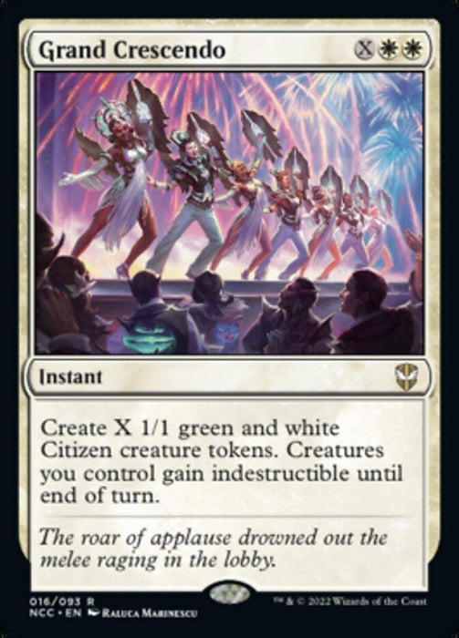 A card depicting indestructible creatures watching a group of Citizen creature tokens: Grand Crescendo [Streets of New Capenna Commander] from Magic: The Gathering.