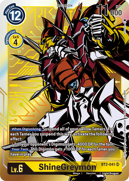 A detailed illustration of the Digimon card "ShineGreymon [BT2-041] (Alternate Art) [Release Special Booster Ver.1.5]." The card features a dynamic image of ShineGreymon, a shining armored Light Dragon Digimon with red and yellow armor. This Super Rare card has a level of 6, a Digivolve cost of 4 from a level 5 Digimon, and a play cost of 12. ShineGreymon [BT2-041] (Alternate Art) has