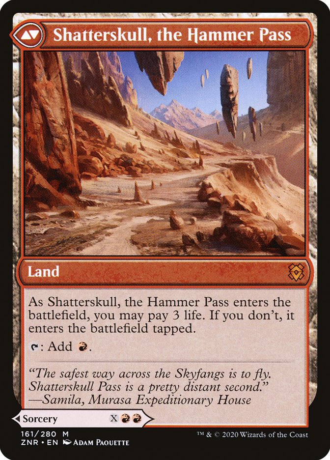 A Magic: The Gathering card titled "Shatterskull Smashing // Shatterskull, the Hammer Pass [Zendikar Rising]." This mythic rare, red-bordered land card from Zendikar Rising features a rocky canyon landscape. The card can add one red mana to your mana pool and has an alternative cost to enter untapped by paying 3 life. Art by Adam Paquette.