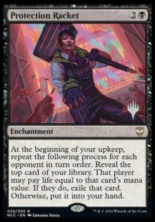 The Magic: The Gathering card, "Protection Racket (Promo Pack)," from the Streets of New Capenna Commander Promos, features an elegantly dressed figure in energetic motion, clutching a briefcase adorned with a sash. Enveloped in vibrant magical energy, this rare card depicts an enchantment effect where you reveal library cards and pay life to seize them—a perfect addition for Commander Promos.