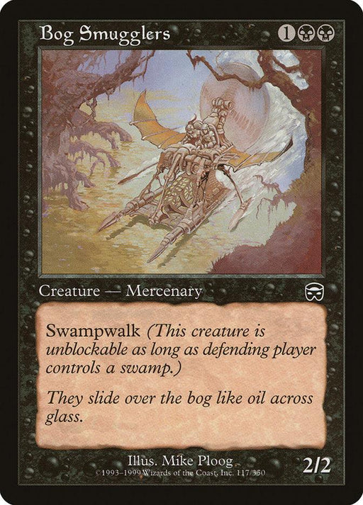 A Magic: The Gathering card titled "Bog Smugglers [Mercadian Masques]" costs 1 black and 2 colorless mana. The artwork depicts a skeletal Human Mercenary in a boat moving through a swamp. This Creature boasts 2/2 power and toughness with the ability Swampwalk. Flavor text: "They slide over the bog like oil across glass." Illustrated by Mike Ploog, card