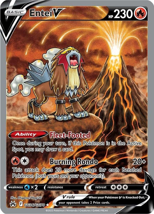 A Pokémon trading card featuring Entei V (GG36/GG70) [Sword & Shield: Crown Zenith] from the Sword & Shield series. Entei, a large, lion-like creature with a red face, white mane, and gold accents, stands on rocky terrain with lava flowing beside it. This Ultra Rare card shows 230 HP, an ability called "Fleet-Footed," and an attack named "Burning Rondo.