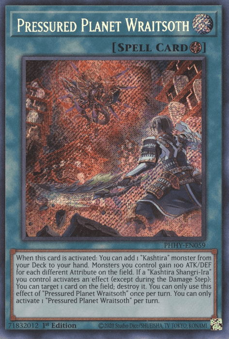An image of the Yu-Gi-Oh! trading card "Pressured Planet Wraitsoth [PHHY-EN059] Secret Rare." This Field Spell card features a battle scene in which a mystical knight in silver armor wields a glowing sword against a dragon-like creature in a fiery, otherworldly landscape. It's part of the Kashtira series from Photon Hypernova and includes text detailing its game effects.