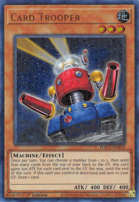 A Yu-Gi-Oh! trading card titled "Card Trooper (Duel Terminal) [HAC1-EN016] Parallel Rare" from Hidden Arsenal: Chapter 1. This Parallel Rare features an anthropomorphic robot with a red body, blue arms, and yellow decorative elements. The artwork shows the robot in a dynamic pose with beams of light shining. Text describes its machine/effect abilities and stats (ATK 400, DEF 400).