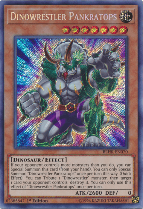A Yu-Gi-Oh! trading card featuring "Dinowrestler Pankratops [BLHR-EN070] Secret Rare." This Secret Rare card depicts a muscular dinosaur-like creature with green and purple armor. As an Effect Monster, it's a Level 7 Dinosaur with 2600 ATK and 0 DEF, all showcased within a colorful, holographic frame.