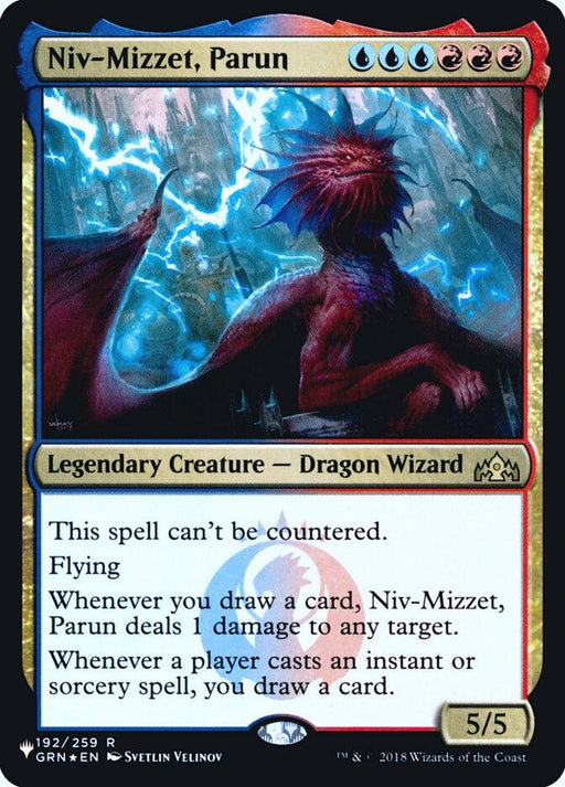 A detailed illustration of Niv-Mizzet, Parun [Secret Lair: Heads I Win, Tails You Lose], a Legendary Creature red dragon from Magic: The Gathering, with blue and red lightning in the background. The card has stats in the top right corner and symbols on the bottom. The text describes the card's powerful abilities and characteristics, emphasizing "Flying" and drawing cards.