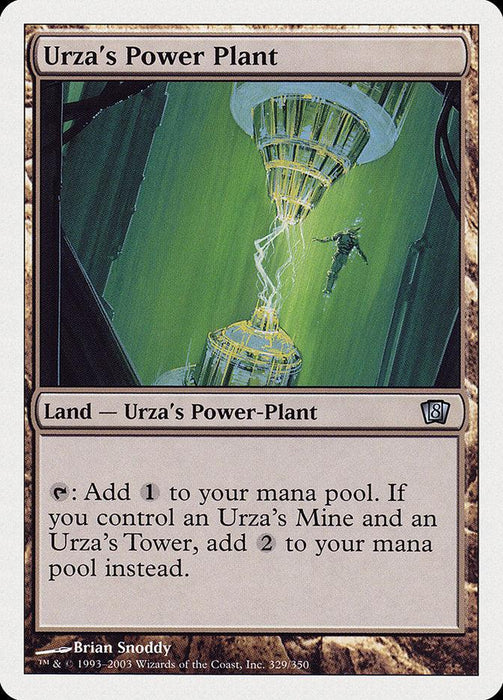 A Magic: The Gathering card titled "Urza's Power Plant [Eighth Edition]" from Magic: The Gathering. It features an illustration of a vast power plant with a person in a green suit floating near a bright, suspended energy source. An uncommon card, its text details increased mana production when combined with other specific lands.