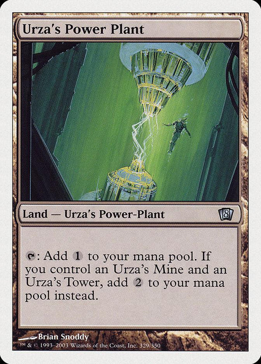 A Magic: The Gathering card titled "Urza's Power Plant [Eighth Edition]" from Magic: The Gathering. It features an illustration of a vast power plant with a person in a green suit floating near a bright, suspended energy source. An uncommon card, its text details increased mana production when combined with other specific lands.