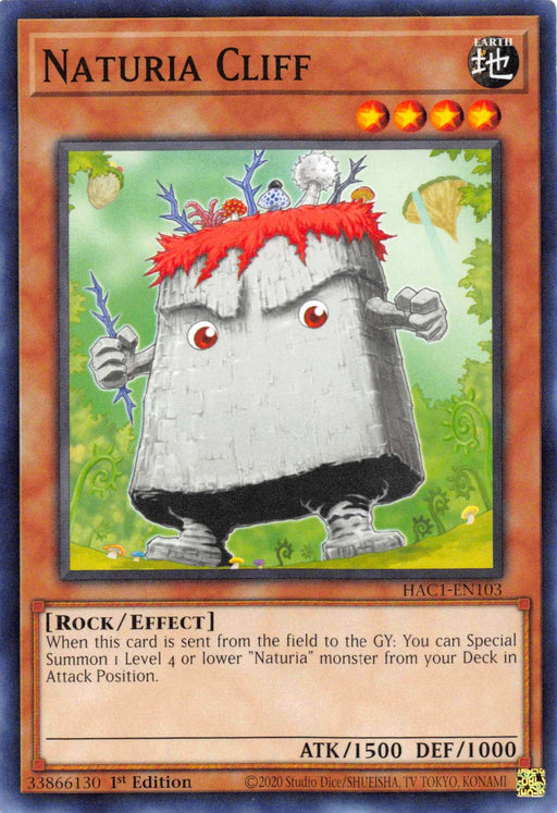 A "Naturia Cliff (Duel Terminal) [HAC1-EN103] Parallel Rare" Yu-Gi-Oh! card. The card depicts a tree stump creature with a red-topped head, small branches for arms, and two red eyes. This Rock/Effect Monster boasts 1500 ATK and 1000 DEF. Detailed text below outlines the special summoning ability of another "Naturia" monster from the deck.