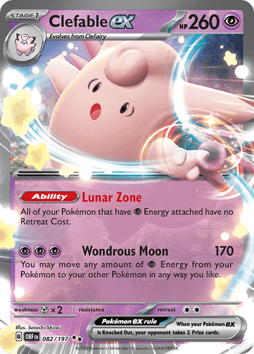 A Clefable ex (082/197) [Scarlet & Violet: Obsidian Flames] from Pokémon features Clefable ex with 260 HP. The card displays a pink, smiling Clefable floating and holding a moon. With the ability "Lunar Zone," there's no Retreat Cost if a Pokémon has Psychic Energy attached. The move "Wondrous Moon" deals 170 damage and manipulates Energy.