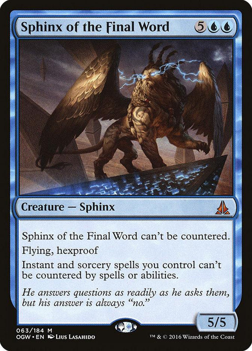 A Magic: The Gathering card from the "Oath of the Gatewatch" set, featuring Sphinx of the Final Word [Oath of the Gatewatch], a mythic Creature — Sphinx with a casting cost of 5 generic and 2 blue mana. The card image depicts a large winged sphinx standing on a platform with an open book, and its text includes abilities like Flying and hexproof.