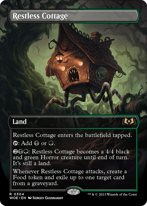Magic: The Gathering card titled "Restless Cottage (Borderless Alternate Art) [Wilds of Eldraine]" from the Wilds of Eldraine set. This Rare Land depicts a haunted, decrepit house with spider-like mechanical legs. It enters tapped, adds mana, transforms into a creature, creates a Food token when attacking, and can reanimate a target card from a graveyard.