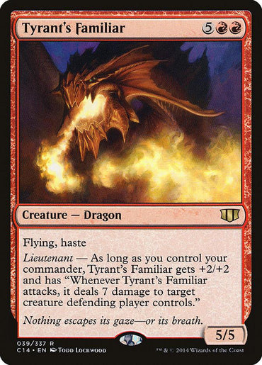 The image shows a Magic: The Gathering trading card named Tyrant's Familiar [Commander 2014]. It has a red border and depicts a flying, fire-breathing dragon with its wings spread. This Creature — Dragon costs 5 generic and 2 red mana to play, boasting 5 power and toughness, along with flying, haste, and special abilities.