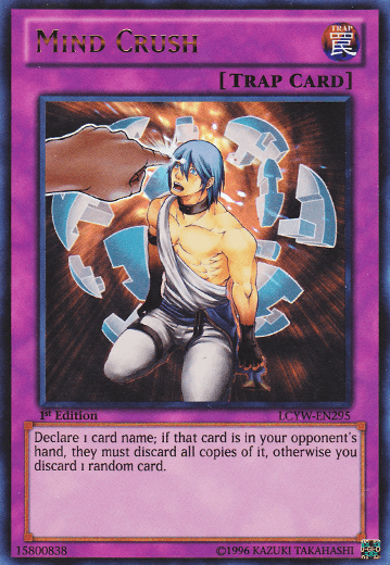 A "Yu-Gi-Oh!" trading card titled "Mind Crush [LCYW-EN295] Ultra Rare" from Yugi's World, labeled as an Ultra Rare Trap Card. It depicts a man with blue hair wearing a white, revealing cloth. He clutches his chest and screams in agony with his eyes closed, surrounded by shards of the blue card. Card text and details are also present.