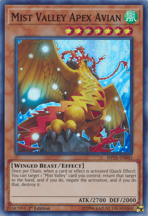 A Yu-Gi-Oh! Mist Valley Apex Avian [SHVA-EN045] Super Rare trading card depicts a large, golden Effect Monster bird with red and blue plumage, soaring amidst misty clouds. The WIND attribute card showcases artwork of a majestic, lightning-infused bird with an ATK of 2700 and DEF of 2000, featuring detailed effect text.