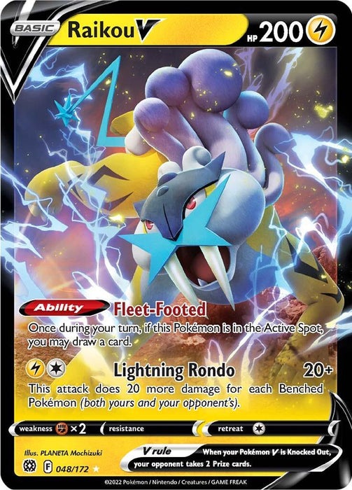A Pokémon trading card featuring Raikou V (048/172) [Sword & Shield: Brilliant Stars], a yellow and gray tiger-like creature with stunning lightning effects from the Brilliant Stars collection. The card boasts 200 HP and showcases its two abilities, "Fleet-Footed" and "Lightning Rondo." The black background crackles with bolts of yellow lightning. Card stats and illustrator credit are in the bottom right. This Ultra Rare card is a must-have for any collector.