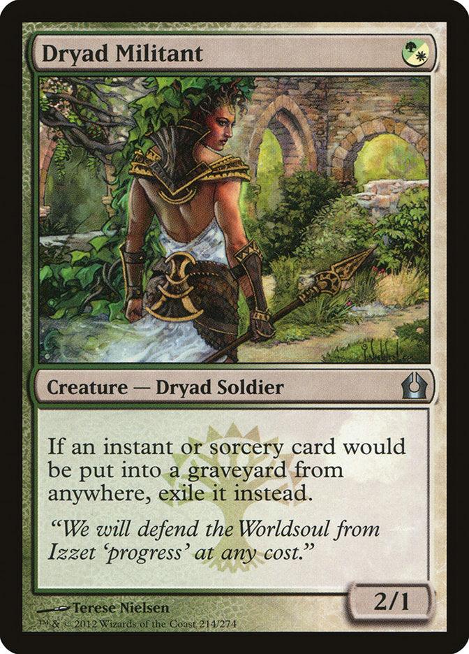 In the Magic: The Gathering set "Return to Ravnica," the card "Dryad Militant" depicts a Dryad Soldier wearing leafy armor and wielding a wooden spear. She is positioned in a lush forest with ancient stone ruins as her backdrop. This uncommon card is distinguished by green and white mana symbols and includes text detailing her abilities.