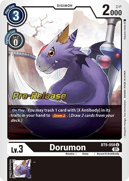 A trading card from the Digimon X Record Pre-Release Promos series featuring "Dorumon," a purple dragon-like creature with a yellow triangular mark on its forehead, sharp teeth, and dark wings. The level 3 card boasts 2000 DP and an "On Play" effect that allows trashing 1 card with [X Antibody] in traits to draw 2 cards. Product Name: Dorumon [BT9-058].