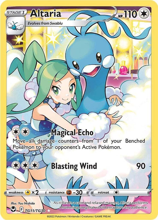 A Pokémon trading card for Altaria (TG11/TG30) [Sword & Shield: Silver Tempest] from the Pokémon set. The card features Altaria, a blue, bird-like Pokémon with fluffy, cloud-like wings, alongside a girl with green hair wearing a blue dress. The card is a Stage 1 type from Sword & Shield, evolves from Swablu, has 110 HP, and displays two moves: Magical-Echo and Blasting Wind.
