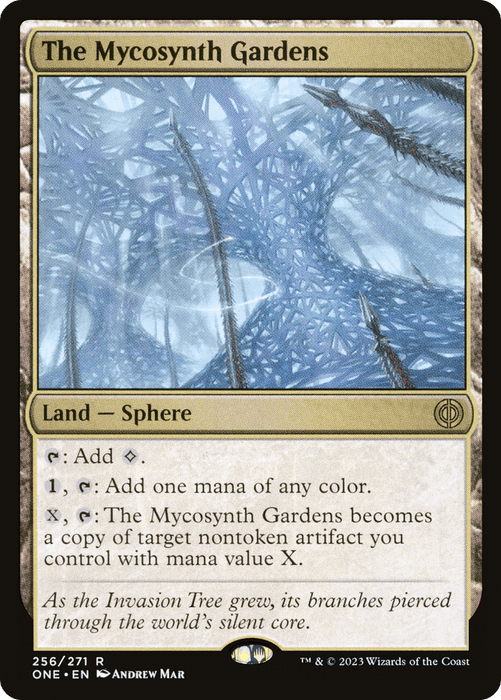 The Magic: The Gathering card, "The Mycosynth Gardens [Phyrexia: All Will Be One]," showcases a blue web-like tree. This Land — Sphere card can generate colorless or any color mana and transform into a copy of a target non-token artifact with mana value X. The text is elegantly enclosed in a white box with a green border.