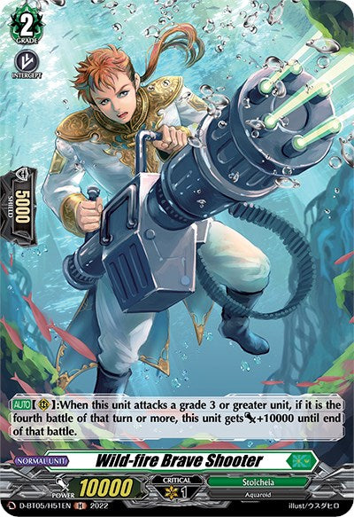 A fantasy-themed trading card from Bushiroad, titled "Wild-fire Brave Shooter" (D-BT05/H51EN) [Triumphant Return of the Brave Heroes], features an Aquaroid in combat gear wielding a large, futuristic water gun underwater. The holo-embellished card boasts detailed stats and abilities, with a background showcasing an underwater scene filled with bubbles and aquatic plants.