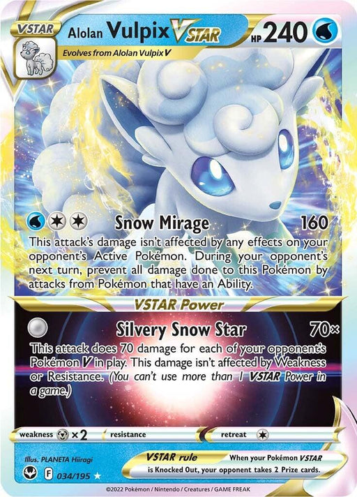 A Pokémon Alolan Vulpix VSTAR (034/195) [Sword & Shield: Silver Tempest] trading card featuring the ultra rare Alolan Vulpix VSTAR from Sword & Shield: Silver Tempest. The Water type card boasts an HP of 240 and depicts a white Vulpix with blue eyes standing in snow. Its moves are "Snow Mirage" and "Silvery Snow Star." Numbered 034/195, illustrated by PLANETA Hiiragi.