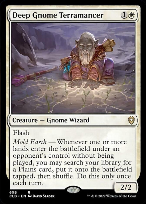 A Magic: The Gathering card titled Deep Gnome Terramancer [Commander Legends: Battle for Baldur's Gate], illustrated by David Sladek, features a Gnome Wizard casting a spell. This white card from Commander Legends: Battle for Baldur's Gate costs 1 generic and 1 white mana, has 'Flash' and 'Mold Earth' abilities, and boasts stats of 2 power and 2 toughness.