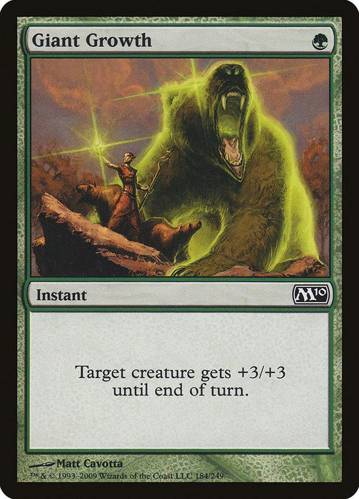 A Magic: The Gathering card titled "Giant Growth [Magic 2010]," part of the Magic: The Gathering set. The card depicts a glowing, enraged bear towering over a robed figure wielding a glowing staff. Text reads: "Target creature gets +3/+3 until end of turn." This instant spell is illustrated by Matt Cavotta.