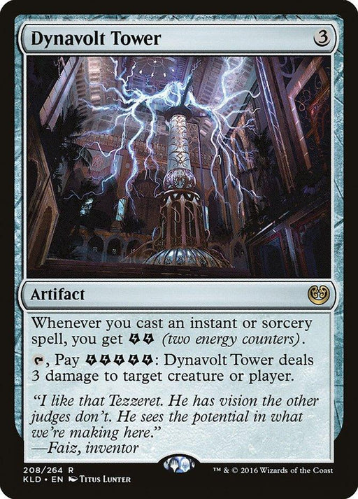 Dynavolt Tower [Kaladesh] is a Magic: The Gathering artifact card with a casting cost of 3 colorless mana. Illustrated by Titus Lunter, it gains energy counters when you cast instant or sorcery spells and allows you to spend that energy to deal damage. It is card number 208/264.
