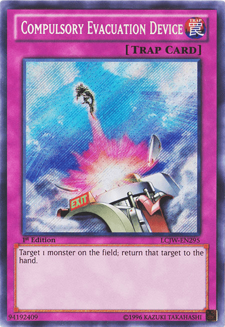 A Yu-Gi-Oh! Trap Card titled "Compulsory Evacuation Device [LCJW-EN295] Secret Rare" with a purple border. It depicts a platform marked with "EXIT," from which beams of energy forcefully eject a figure into the sky. Featured in Legendary Collection 4: Joey's World, this Secret Rare card's text reads, "Target 1 monster on the field; return that target to the