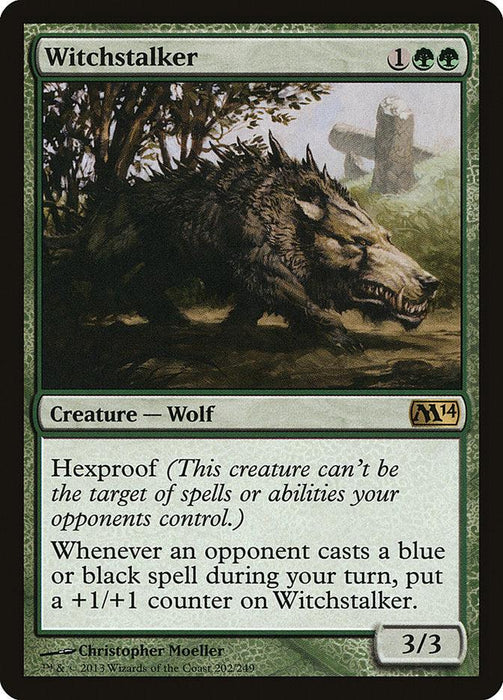 A Magic: The Gathering card titled "Witchstalker [Magic 2014]" features a snarling, dark-coated wolf prowling through a forest. This green Creature - Wolf costs 1 green and 2 colorless mana, boasting 3 power and 3 toughness. Witchstalker has Hexproof and gains +1/+1 whenever an opponent casts a blue or black spell.