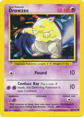 A **Drowzee (49/102) [Base Set Unlimited]** from the **Pokémon** brand. The card has a lavender border and shows an illustration of Drowzee in the center. This Psychic Pokémon has 50 HP, and its attacks are Pound (10 damage) and Confuse Ray (10 damage). The text box details its abilities, weight, and height.
