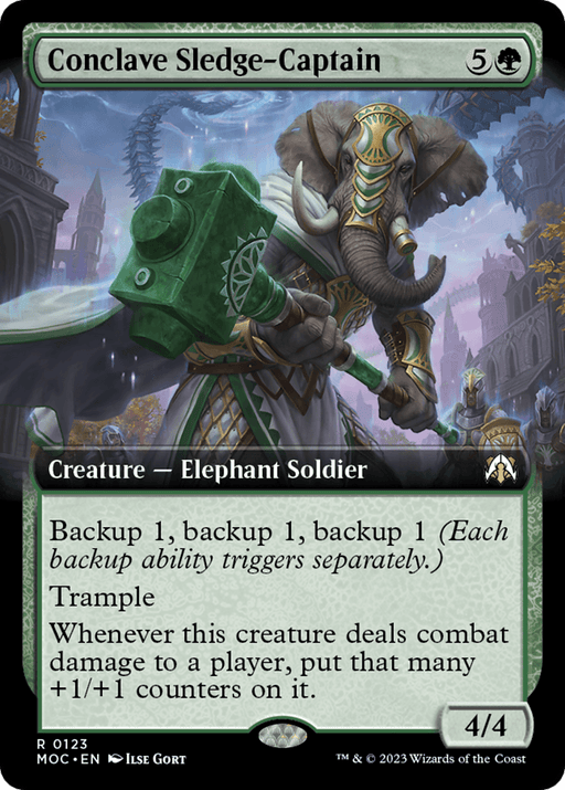 A rare Magic: The Gathering card from the March of the Machine Commander set, "Conclave Sledge-Captain (Extended Art)," features an impressive Elephant Soldier wielding a large green hammer. Costing 5 forest mana and 1 generic mana, it boasts 4 power and 4 toughness with abilities Backup 1 (three times) and Trample, enhancing its counter effects.