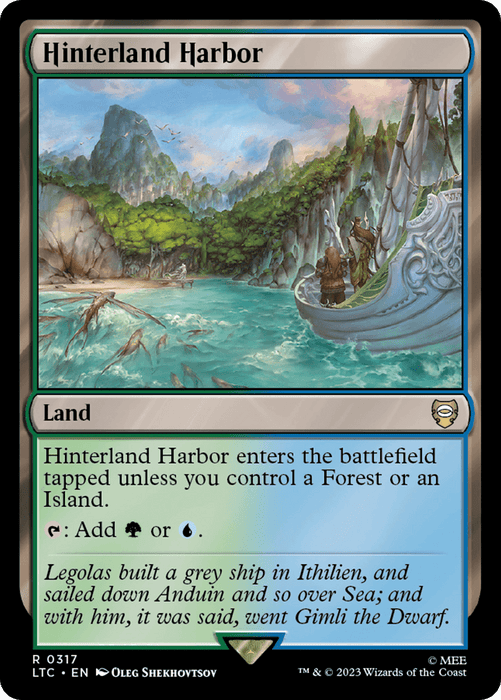 An illustrated magic card titled "Hinterland Harbor" from the Magic: The Gathering series *The Lord of the Rings: Tales of Middle-Earth Commander*. It depicts a serene harbor scene with a dock, ships, and lush, forested mountains in the background. The text reads, "Hinterland Harbor enters the battlefield tapped unless you control a Forest or an Island. {T}: Add {G} or {U}." Flavor text mentions Legolas.