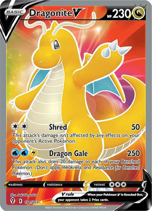 The image is of a Dragonite V (191/203) [Sword & Shield: Evolving Skies] card from the Pokémon set. Dragonite V is depicted as a large, yellow, dragon-like creature with small wings. The card has 230 HP and features two attacks: "Shred" which does 50 damage, and "Dragon Gale," which does 250 damage but also damages your own Benched Pokémon.