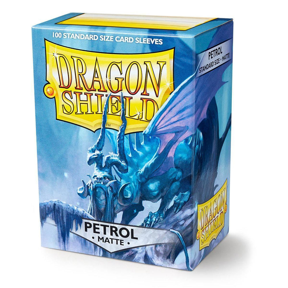 Arcane Tinmen's Dragon Shield "Petrol Matte" sleeves feature 100 stylish, protective standard size card sleeves with a blue dragon on icy terrain and bold yellow branding, ensuring your cards are both secure and fashionable.