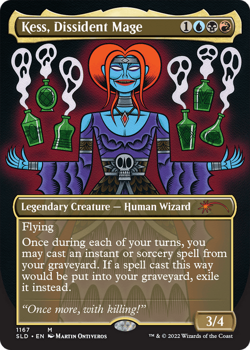 The image depicts a "Magic: The Gathering" card named "Kess, Dissident Mage (Borderless) [Secret Lair Drop Series]." The card features an eerie blue-skinned, red-haired Human Wizard holding vials of green liquid. As part of the Secret Lair Drop Series, this legendary creature has a black, blue, and red mana cost, flying ability, and unique text detailing its special power.