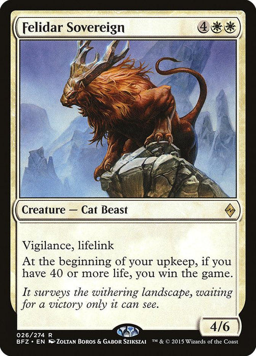 A Magic: The Gathering product titled *Felidar Sovereign [Battle for Zendikar]* depicts a majestic creature — Cat Beast with large, curved horns standing on a rocky ledge. The card's upper border is gold, signifying its Rare status. Its abilities include vigilance, lifelink, and a unique win condition based on player life total.