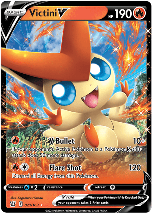 A Pokémon card for Victini V (021/163) [Sword & Shield: Battle Styles] from the Pokémon series. The card’s background is black and gray with red and orange accents. Victini has a "V" at the top left, with 190 HP. It features moves "V Bullet" and "Flare Shot". Text says, "When your Pokémon V is Knocked Out, your opponent takes 2 Prize cards.