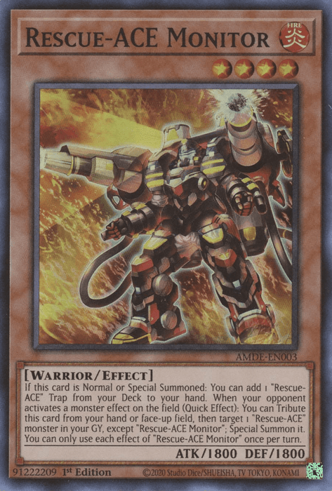 A Yu-Gi-Oh! product depicting "Rescue-ACE Monitor [AMDE-EN003] Super Rare," a Warrior/Effect Monster with 1800 ATK and 1800 DEF. The image shows a giant, armored robot with extending arms amidst flames. The card's text describes its abilities and features card number AMDE-EN003.