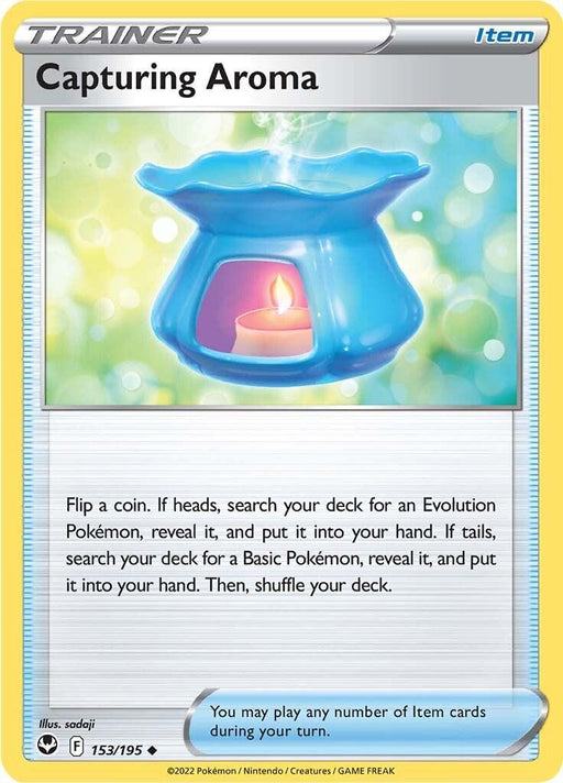 The image is a Pokémon trading card titled "Capturing Aroma (153/195) [Sword & Shield: Silver Tempest]" from the Pokémon series. It features an illustration of a blue incense burner with a green candle inside, emitting a soft glow. As an Uncommon card, its text details flipping a coin to either search for an Evolution Pokémon (heads) or a Basic Pokémon (tails).